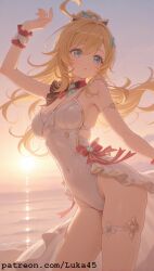 ai_generated beach blue_eyes blush breast curvy_figure dynamic_pose escoffier_(genshin_impact) female genshin_impact hoyoverse large_hair legs luka45 medium_breasts mihoyo navel patreon patreon_reward patreon_url patreon_username ribbon standing sunset swimsuit yellow_hair