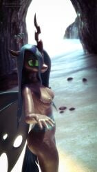 3d 9:16 absurd_res anthro beach digital_media_(artwork) equid equine female friendship_is_magic hair hasbro hi_res horn hornyforest horse looking_at_viewer mammal my_little_pony nude pony queen_chrysalis_(mlp) solo wet wings