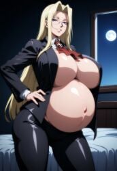 1girls ai_generated bare_belly bed big_breasts blonde_hair blue_eyes breasts clothed clothed_female female full_moon glasses hand_on_hip hellsing integra_hellsing looking_at_viewer pregnant pregnant_female seductive seductive_look sexy_prego solo window