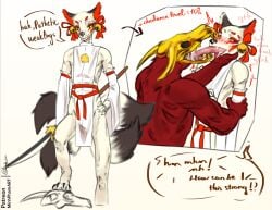 absurd_res anthro bovid canid canine caprine caprine_demon clothing demon duo fox fox_spirit goat_demon hi_res kick licking male male/male mammal mbt tongue tongue_out