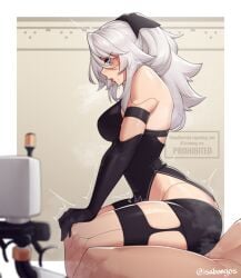 1boy ass bare_shoulders black_shirt black_shorts blush border breasts female from_side grey_hair high_ponytail highres implied_sex isabongos large_breasts long_hair male nier:_automata nier_(series) ponytail profile shirt shorts simple_background solo_focus straight sweat textless_version white_border yorha_a2