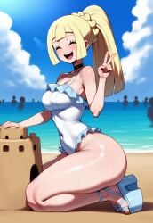 aged_up ai_generated beach choker closed_eyes cute frilled_bikini frilled_swimsuit from_side happy huge_ass lillie_(pokemon) looking_at_viewer medium_breasts novelai ocean one-piece_swimsuit open_mouth peace_sign platform_footwear pokemon pokemon_sm ponytail sand sand_castle sandals sandcastle smile spaghetti_strap sweat swimsuit tgm101_(artist) thick_thighs thin_waist water wide_hips