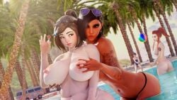 3d 3d_(artwork) 3d_render 4girls aviator_sunglasses big_ass big_breasts bikini black_body black_hair breasts breasts brigitte brigitte_lindholm chinese egyptian egyptian_female game glasses korra_amari lena_oxton lesbian_domination lesbian_focus lollipop mei_(overwatch) milk milking palm_tree pharah pierced_nose piercing piercings public public_nudity sea seashell_bra seaside shy summer sunglasses sunglasses_on_head tattoo topless tracer white_body white_skin yuri yuri