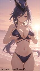 ai_generated beach bikini breast breast_grab clorinde_(genshin_impact) genshin_impact hat hoyoverse large_breasts long_hair luka45 mihoyo navel patreon patreon_reward patreon_url patreon_username purple_hair smile smiling smiling_at_viewer standing sunset touching_breast