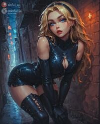 1girls ai_generated aisinful alley alleyway ass big_ass blonde_hair breasts female female_only hi_res large_ass league_of_legends luxanna_crownguard medium_breasts thick_thighs thighhighs thighs wide_hips