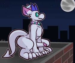 2025 2_horns 3_toes 4_fingers anthro balls big_balls big_penis blue_horn blue_inner_ear clothing detailed_background dipstick_ears ear_markings erection feet fingers full_moon gargoyle genitals glans green_scarf grin horn humanoid_genitalia humanoid_penis looking_up male moon multicolored_ears outside panazel_maria pattern_clothing pattern_scarf penis pink_body pink_glans pink_scales pink_scarf rooftop scales scarf smile solo spade_tail striped_clothing striped_scarf stripes tail teal_sclera toes ultilix white_balls white_body white_eyes white_penis white_scales white_scarf