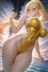 1girls ai_generated beach big_breasts blonde_hair blue_eyes blush breasts cameltoe cleavage covered_nipples darkness_(konosuba) embarrassed female female_only hard_nipples horny kono_subarashii_sekai_ni_shukufuku_wo! large_breasts leotard light-skinned_female light_skin one-piece_swimsuit patreon_username penguih shy solo storm swimsuit tornado water wet yellow_swimsuit