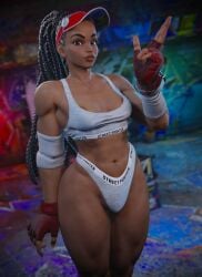 1girls 3d areola_slip areolae black_hair braid braided_hair braids capcom dark-skinned_female dark_skin female gloves hat kimberly_jackson solo street_fighter street_fighter_6 vensaku visor