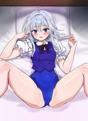1boy absurdres bar_censor bed black_bow black_bowtie blue_eyes blue_leotard blue_vest bow bowtie breasts censored closed_mouth collared_shirt commission female frills highres izayoi_sakuya leotard lying m_legs maid male medium_breasts medium_hair on_back penis pillow pixiv_commission pov pov_hands puffy_short_sleeves puffy_sleeves shirt short_sleeves smile solo_focus spread_legs straight touhou touhou_tag_dream tsujigiri vest white_hair white_shirt wrestling_outfit
