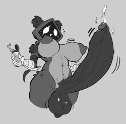 anthro areola balls bear big_balls big_breasts big_penis blush blush_lines bodily_fluids breasts clothing cum ejaculation epic_games erect_nipples eye_scar facial_scar fortnite genital_fluids genitals grey_background greyscale gynomorph holding_object hoodie huge_balls huge_cock humanoid_genitalia humanoid_penis hyper hyper_balls hyper_genitalia hyper_penis intersex mammal monochrome motion_lines navel nipples nude penis raven_team_leader scar simple_background slurp_juice solo thewilldpink topwear vein veiny_penis