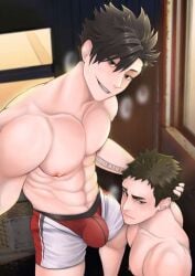 2boys abs black_eyes black_hair blush blush haikyuu!! kuroo_tetsurou male male/male muscles muscular muscular_male nipples onglai87 pecs pectorals pink_nipples red_underwear sawamura_daichi sweat teenager yaoi young younger_male