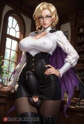 ai_generated ball_bra balls balls_in_panties blonde_hair erection_under_clothes erection_under_skirt futa_sans_pussy futanari glasses glynda_goodwitch intersex naikedart rwby solo stable_diffusion