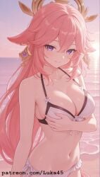 ai_generated beach bikini blush breast breast_grab female genshin_impact girl hair_ornament hoyoverse large_breasts long_hair luka45 mihoyo navel patreon patreon_reward patreon_url patreon_username pendant pink_hair purple_hair smile smiling smiling_at_viewer standing sunset touching_breast yae_miko