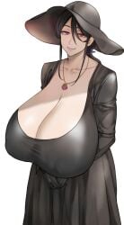 1girls 2025 big_breasts black_dress black_hair black_hat breasts cleavage clothed clothed_female female female_focus female_only giant_breasts gigantic_breasts hair_tie hat huge_breasts large_breasts light-skinned_female light_skin looking_at_viewer mature mature_female milf necklace nipple_bulge no_bra original pepe_(jonasan) ponytail purple_hair_tie red_eyes smile solo solo_female solo_focus sun_hat translucent_clothing voluptuous voluptuous_female white_background wide-brimmed_hat witch
