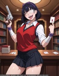 ace_(playing_card) ai-created ai_generated bandaged_arm bandages bangs black_clothes black_hair black_skirt book bookshelf bow bowtie breasts card card_(object) clothing collared_shirt desk earrings eyepatch eyewear female glasses gun hair_ornament hairband handgun headwear high_resolution holding holding_book holding_card holding_gun holding_object holding_weapon ikishima_midari indoors jewelry kakegurui large_breasts library long_sleeves looking_at_viewer makeup nail_polish neckwear open_mouth piercing plaid plaid_skirt playing_cards pleated_skirt purple_nails revolver ribbon school_uniform shirt short_hair short_sleeves skirt smile solo sweater_vest table teeth tongue tongue_out tongue_piercing uniform vest weapon white_shirt wodstudio yellow_eyes