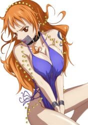blue_dress bondage bondage bound breasts captured captured_heroine collar dress femsub gag hair kyabakurabakufu light-skinned_female light_skin lipstick lipstick_mark long_hair nami_(one_piece) one_piece orange_hair sexy solo solo_female solo_focus tape tape_gag taped_mouth thick_thighs thighs
