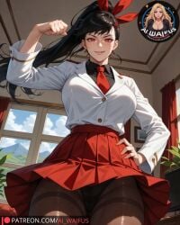 1girls ai_generated ai_waifus_ black_hair flexing fully_clothed ha_yuri_jahad large_breasts panties ponytail red_eyes skirt_up sole_female tower_of_god