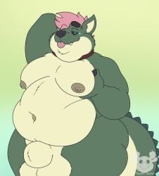 alligator alligatorid animal_genitalia anthro balls belly big_balls canid canine crocodilian genitals green_body hair hi_res hybrid male mammal moob_grab moobs nude overweight overweight_male pondart_studios reptile scalie sheath solo vic_(victorystarz) werecreature