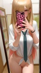 ai_generated blonde_hair bottomless female female_only kitagawa_marin medium_breasts mirror_selfie nail_polish pussy selfie shirt sono_bisque_doll_wa_koi_wo_suru standing tie trugprz