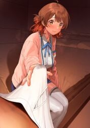 1boy a1_(initial-g) ahoge bed blue_ribbon blue_skirt blush breasts brown_eyes brown_hair bulge cardigan closed_mouth collared_shirt commentary_request erection female gakuen_idolmaster gradient_hair hair_bun hanami_ume highres idolmaster indoors long_sleeves male_pubic_hair male_underwear medium_breasts multicolored_hair neck_ribbon on_bed open_cardigan open_clothes panties pink_cardigan pubic_hair ribbon school_uniform shirt single_side_bun sitting skirt steaming_body straight thighhighs thighs underwear unworn_panties variant_set white_male_underwear white_shirt white_thighhighs