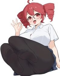 1girls 2d 2d_(artwork) ahoge big_breasts black_tights blouse breasts cameltoe clothed clothed_female clothing fellatio_gesture female female_only glasses horny horny_female huge_breasts kasane_teto large_breasts panties panties_visible_through_clothing pantyhose red_eyes red_hair sitting skirt soles soles_of_feet_in_socks solo solo_female tight_clothing tongue tongue_out twin_drills utau white_background