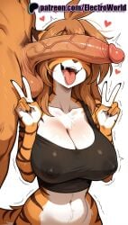 1boy 1girls 2025 ai_generated anthro anthro_only artist_name breasts bust chest cleavage clothed_female_nude_male cock cum dick electroworld erection female flora_(twokinds) head_out_of_frame heart hi_res high_quality high_resolution highres large_penis large_testicles male_pubic_hair motion_lines patreon patreon_username penis penis_awe penis_on_face precum pubic_hair solo_focus stable_diffusion straight testicles tongue tongue_out transparent_background trembling twitching_penis twokinds uncensored v veins veiny_penis watermark