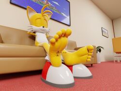 3d_(artwork) 4:3 5_toes anthro barefoot canid canine digital_media_(artwork) duo feet feetymcfoot female foot_fetish foot_focus foot_play fox hi_res humanoid_feet katherine_(cgbro) male male/female male_feet mammal micro plantigrade sega soles sonic_(series) sonic_the_hedgehog_(series) stuck_to_foot tails tails_the_fox toes