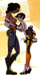 2girls assisted_exposure blizzard_entertainment breast_exposed breasts champagne champagne_glass dark-skinned_female dark_skin dreadlocks eyewear female female_only gao23 height_difference jo_(gao23) kissing looking_at_partner nipples original_character overwatch shirt_pull shirt_pulled_down tall_female taller_female tinted_eyewear topless tracer undressing undressing_another visor yuri