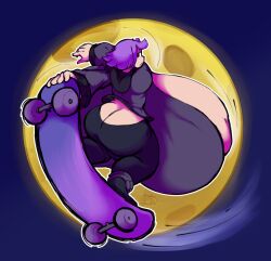 1girls ass breasts colossal_breasts female female_focus female_only full_moon gellycannon hips hyper hyper_breasts jackey large_ass large_breasts moon night night_sky pants_down purple_eyes purple_hair skateboard skateboard_trick thick_thighs thighs wide_hips