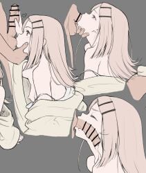 1boy 1girls all_the_way_to_the_base balls blonde_hair censor_bar censored censored_penis closed_eyes cum cum_in_mouth cum_in_throat cute deepthroat dreibain female furrowed_brow gakuen_idolmaster grey_background hairclip heart idolmaster licking_balls long_hair looking_up loose_clothes male nipples orange_eyes penis penis_in_mouth penis_on_face shinosawa_hiro size_difference small_breasts sucking sucking_balls x-ray