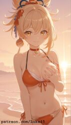 ai_generated beach bikini blush breast breast_grab female genshin_impact girl gold_eyes hair_bun hair_ornament hoyoverse luka45 mihoyo navel necklace orange_bikini patreon patreon_reward patreon_url patreon_username smile smiling smiling_at_viewer standing sunset tattoo teasing touching_breast yellow_hair yoimiya_(genshin_impact)
