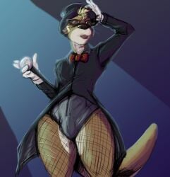 anthro blonde_hair bow_tie brown_body brown_fur bulge clothed clothing colored crossdressing eyewear femboy fishnet_clothing fishnet_legwear fishnet_pantyhose fur glasses gloves hair handwear hat headgear headwear legwear male mammal mustelid otter otter_tail pandottermon pantyhose parker_(pandottermon) red_bow_tie solo spotlight_beam top_hat topwear white_clothing white_gloves white_handwear
