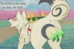 absurd_res amaterasu amaterasu_(okami) animal_genitalia animal_pussy anus ass blush bodily_fluids canid canine canine_genitalia canine_pussy canis capcom cherry_blossom dialogue drooling female feral fire flower food food_fetish food_play fur fur_markings genitals ghostyxtoasty grass hi_res large_insertion mammal markings okami okami_(capcom) penetration plant prunus_(flower) pussy saliva saliva_string solo text tongue tongue_out tree vaginal_penetration white_body white_fur wolf yellow_eyes