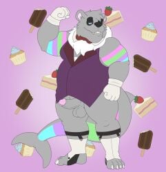 anthro bear belly clothed clothing digital_media_(artwork) fish genitals hi_res hybrid looking_at_viewer male mammal marine overweight penis pondart_studios shark solo