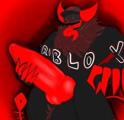 1boy anthro balls forsaken_(roblox) fur guest_666 guest_666_(forsaken) hand_on_penis hyper hyper_genitalia hyper_penis ivy_arts knot knotted_penis male penis red_eyes red_fur roblox roblox_game roblox_myth robloxian self_upload tagme tongue tongue_out