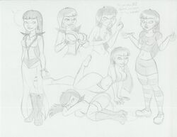 1girls bikini breasts clothing cupping_breasts english_text female female_only long_hair lying monochrome multiple_views roger_bacon shrug sketch standing tagme tatyana_orpheus venture_brothers white_background