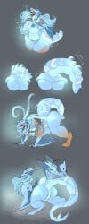 2017 absurd_res all_fours anthro anus areola ass bayora_(icyfoxy) big_breasts biped blue_areola blue_body blue_countershading blue_nipples blue_pussy blue_tongue blush bottomless breasts busty_feral butt_expansion clothed clothing colored countershade_tail countershade_torso countershading digitigrade english_text expansion eyewear female feral frill_(anatomy) genitals glasses grey_background growth hi_res holding_object huge_breasts hyper hyper_breasts lapinousmalice looking_at_viewer looking_pleasured markings membrane_(anatomy) membranous_wings mtf_transformation nipples non-mammal_breasts non-mammal_nipples non-mammal_pussy nude pink_eyes pussy quadruped sequence shirt_up simple_background snout snout_growth solo species_transformation standing tail tail_growth text tongue torn_clothing transformation transformation_sequence transformation_through_magic white_markings winged_arms wings