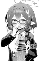 1boy armband ayane_(blue_archive) bar_censor blue_archive blush censored collared_shirt cum cum_in_mouth cum_on_body cum_on_tongue erection facial female glasses greyscale halo handjob jacket long_sleeves looking_at_viewer monchan_rev3 monochrome necktie open_clothes open_jacket penis pointy_ears shirt short_hair simple_background solo_focus straight tongue tongue_out white_background