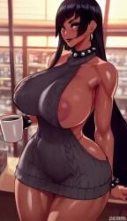 1girls ai_generated andressa_(coffee) areolae black_hair black_lips blush bottomless brassiere breasts coffee_cup dark-skinned_female dark_skin demai diagonal_bangs earrings eyelashes eyeshadow female framepack hair_over_one_eye inverted_nipples large_areolae looking_at_viewer makeup mascara nipple_slip nipples no_bra no_panties nose_blush original_character sideboob solo spiked_bracelet spiked_collar stable_diffusion straight_hair sweat sweater tagme video virgin_killer_sweater yellow_eyes