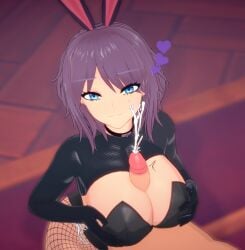 3d blue_eyes bunny_ears bunny_girl bunnysuit choker cum cumshot fishnets hearts_around_head holding_breast koikatsu large_breasts large_penis looking_at_viewer original original_character paizuri pov purple_hair reverse_bunnysuit smug