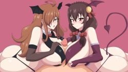 1boy 2girls black_gloves blush breasts brown_hair clothed_female_nude_male collaborative_paizuri erect_penis erection female ffm_threesome fingerless_gloves gatopng gloves hair_over_one_eye head_wings huge_breasts kono_subarashii_sekai_ni_shukufuku_wo! light-skinned_female light-skinned_male light_skin looking_at_viewer male male_pov one_eye_obstructed paizuri penis pov purple_gloves red_eyes succubus succubus_costume tail threesome uketsuke_succubus_(konosuba)_(cosplay) wiz_(konosuba) yellow_eye yunyun_(konosuba)