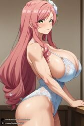 100_kanojo 1girls ai_generated ass bangs bare_shoulders blush breasts cleavage collarbone cowboy_shot female flower from_side green_eyes hair_flower hair_ornament hanazono_hahari highleg huge_breasts kimi_no_koto_ga_dai_dai_dai_dai_daisuki_na_100-nin_no_kanojo long_hair looking_at_viewer looking_to_the_side parted_lips pink_hair sideboob sidelocks solo strap_gap sweat the_100_girlfriends_who_really_really_really_really_really_love_you thick_thighs thighs unjobdespiert very_long_hair