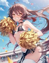ai_generated awkward_smile blush brown_hair cheerleader_uniform confetti embarrassed_female genshin_impact hu_tao_(genshin_impact) pom_poms raaicave shoes shoulders sky_background small_breasts stadium_background