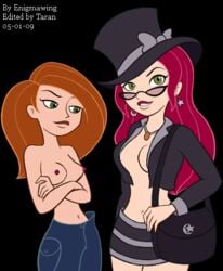 2girls arms_crossed bare_shoulders bow breasts casual_exposure disney earrings enigmawing female female_only glasses human kim_possible kimberly_ann_possible looking_at_breasts magenta_hair miniskirt multiple_females multiple_girls necklace nipples open_shirt orange_hair pants purse skirt straight_hair top_hat topless