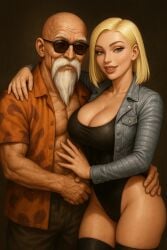 age_difference ai_generated android_18 couple couple_(romantic) dragon_ball_z master_roshi muten_roushi older_male one-piece_swimsuit younger_female