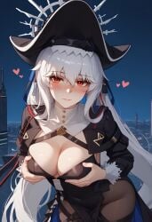 ai_generated arknights blush cleavage cleavage_cutout heart hexd holding_breasts lifting_breasts presenting_breasts red_eyes shark_girl specter_(arknights) white_hair