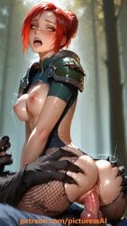 1boy 1girls ai_generated amber_ amber_eyes anthro ass assumi blizzard_entertainment blush breasts canine canine_genitalia canine_penis clothed_sex cwello exposed_breasts female forced forced_sex ginger_hair grabbing_ass interspecies interspecies_sex looking_at_viewer male nipples orange_hair patreon patreon_username raped red_hair redhead sex sweat torn_clothes vaginal_penetration warcraft werewolf world_of_warcraft yellow_eyes