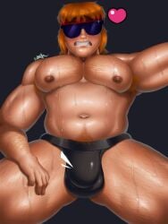 big_areola big_belly big_breasts big_muscles big_nipples buff bulge bulge_through_clothing buster_(brawl_stars) cabello_rojo chubby glasses horny horny_male hot muscular muscular_male saliva saliva_drip saliva_trail shiny_skin sweat sweatdrop thick_thighs thighs underwear wet wet_body