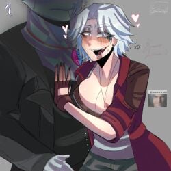 big_ass big_breasts blue_eyes dante dante_(devil_may_cry) dante_(dmc:_devil_may_cry) devil_may_cry rule_63 shiny_skin smirking_at_viewer thecykox29! white_hair white_rabbit
