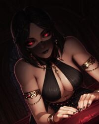 1girls ai_generated beach black_hair female glowing_eyes harem_outfit looking_at_viewer navel_piercing night pale-skinned_female pale_skin red_eyes serana short_hair skyrim tagme the_elder_scrolls vampire vampire_girl veil
